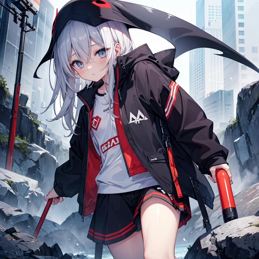 (((Grim Reaper's Scythe Cutesy Looking up))) (((Gray Hair Short Hair blue eyes girl Close-up))),((night full moon My own big wings)),(Wearing a hood Black camisole Purple light), A tense look Shining Background Shining Edge