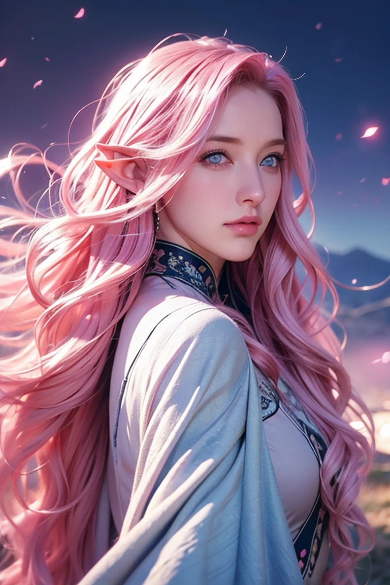 Woman, long wavy hair, pink hair, blue eyes, looking at the landscape, night, wind ,Elf