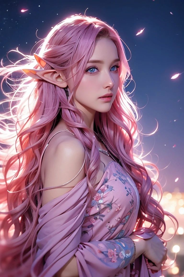 Woman, long wavy hair, pink hair, blue eyes, looking at the landscape, night, wind ,Elf