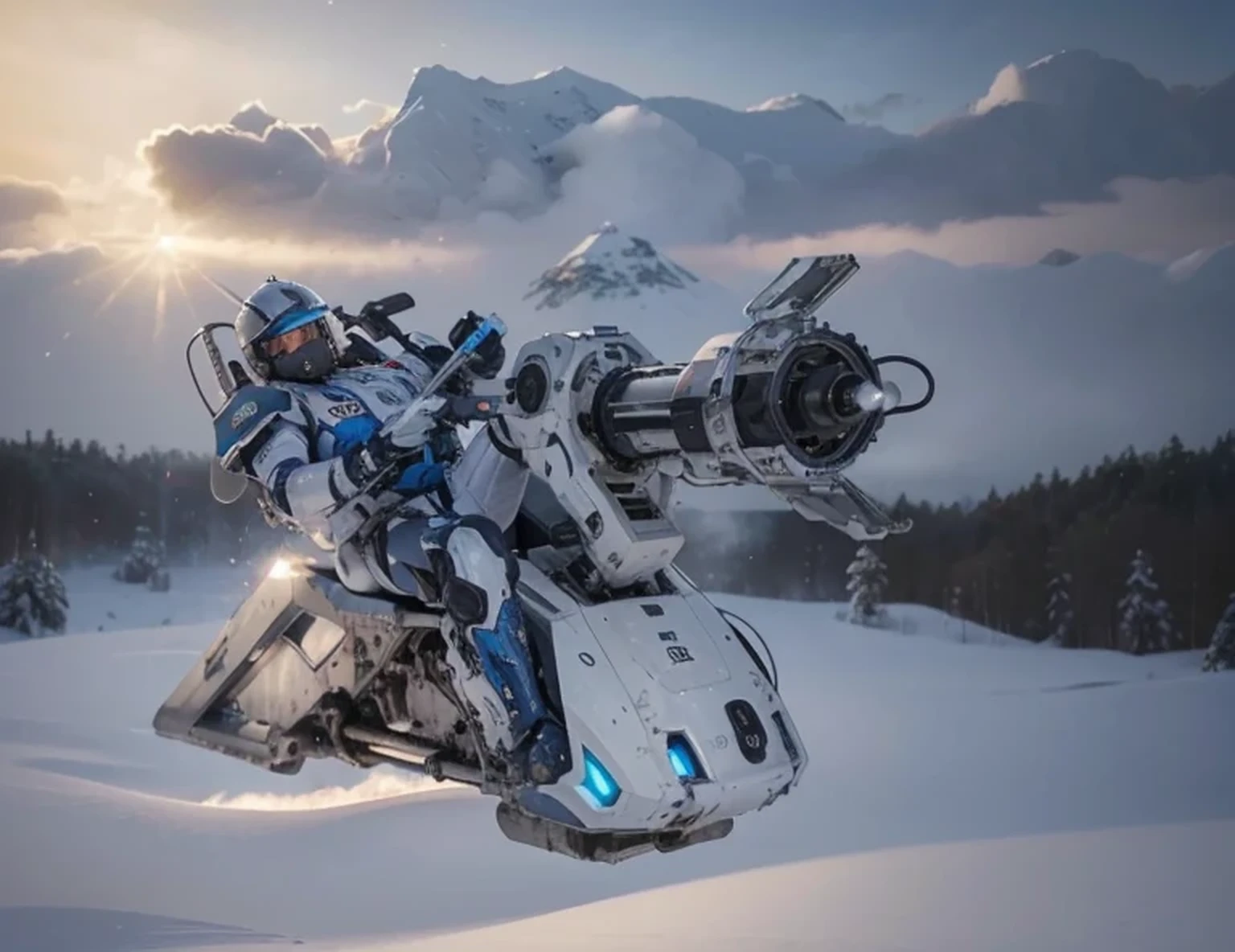 Soldier with a modern heavy white metal suit with blue details, futuristic helmet with blue visor, he is sitting on a futuristic war machine with a large cannon, which levitates above the earth, cables and tubes, he is in a snowy Norwegian forest, extreme cold effect, ultra realistic, Ultra detailed, hyper realistic, 4k, Ultra detailed image, realistic, Highly detailed, perfect composition, gorgeous, Intricately detailed, incredibly detailed, Art photography 8K, hyper detailed, Masterpiece, Ultra detailed, hyper realistic, 4k , Ultra detailed image, realistic, Highly detailed , perfect composition, beautiful, intricately detailed, incredibly detailed, 8k fine art photography, hyper detailed, Masterpiece