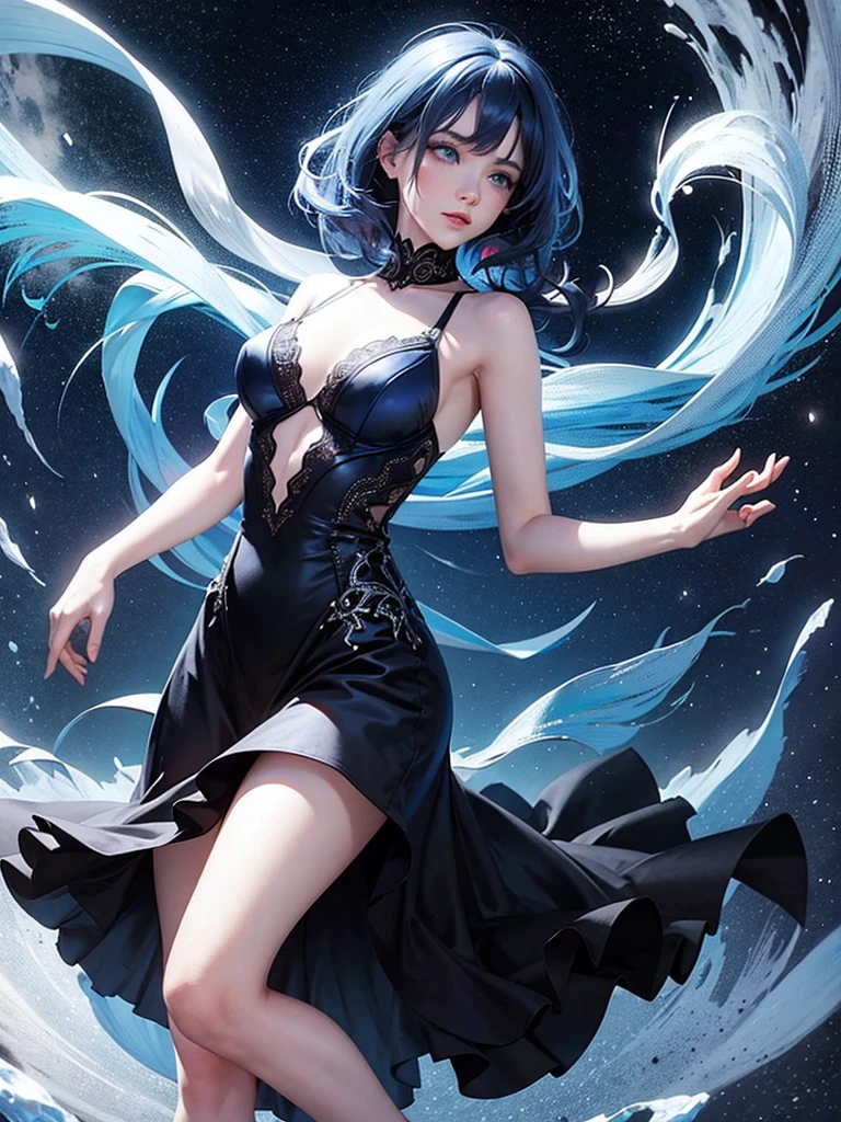1woman, blue indigo hair, azur blue eyes, pale skin, freckles, black and royal blue ballerina dress, ballerina, arabesque pose, starry background,medium hair, medium chest
