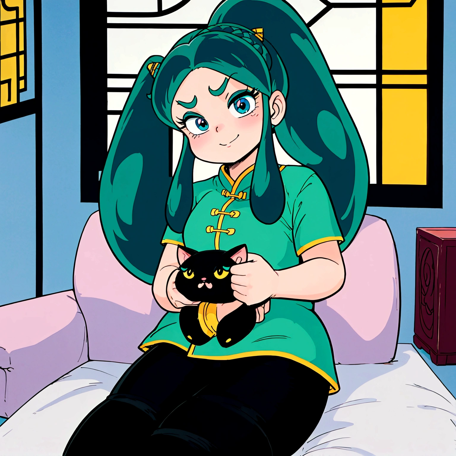 score_9, score_8_up, score_7_up, lum, 2girl, retro artstyle, 1980s style, blue eyes, eyeshadow, green hair, long hair, horns, bangs, aqua hair, dynamic angle, big breasts, big ass, (little, small tiny body, chibi, small), (8 years old), (1 toddler:1.4), (baby face), (round face), (big forhead:1.2), (beautiful big eyes:1.3), extremely detailed cute anime face, (best quality, masterpiece, absurbres, super-resolution), soft pastel aesthetic, gaming console, chilling at home, BREAK playing video game with (femaleranma, braided ponytail chinese clothes, tangzhuang, black pants), LCD screen, fun, laugh, smile, (eyelid pull), detailed faces, warm lighting, cozy interior, dynamic composition, vibrant colors, cinematic, depth of field, black cat, black cat on her lap, emotional expression, vintage comic style, grimace