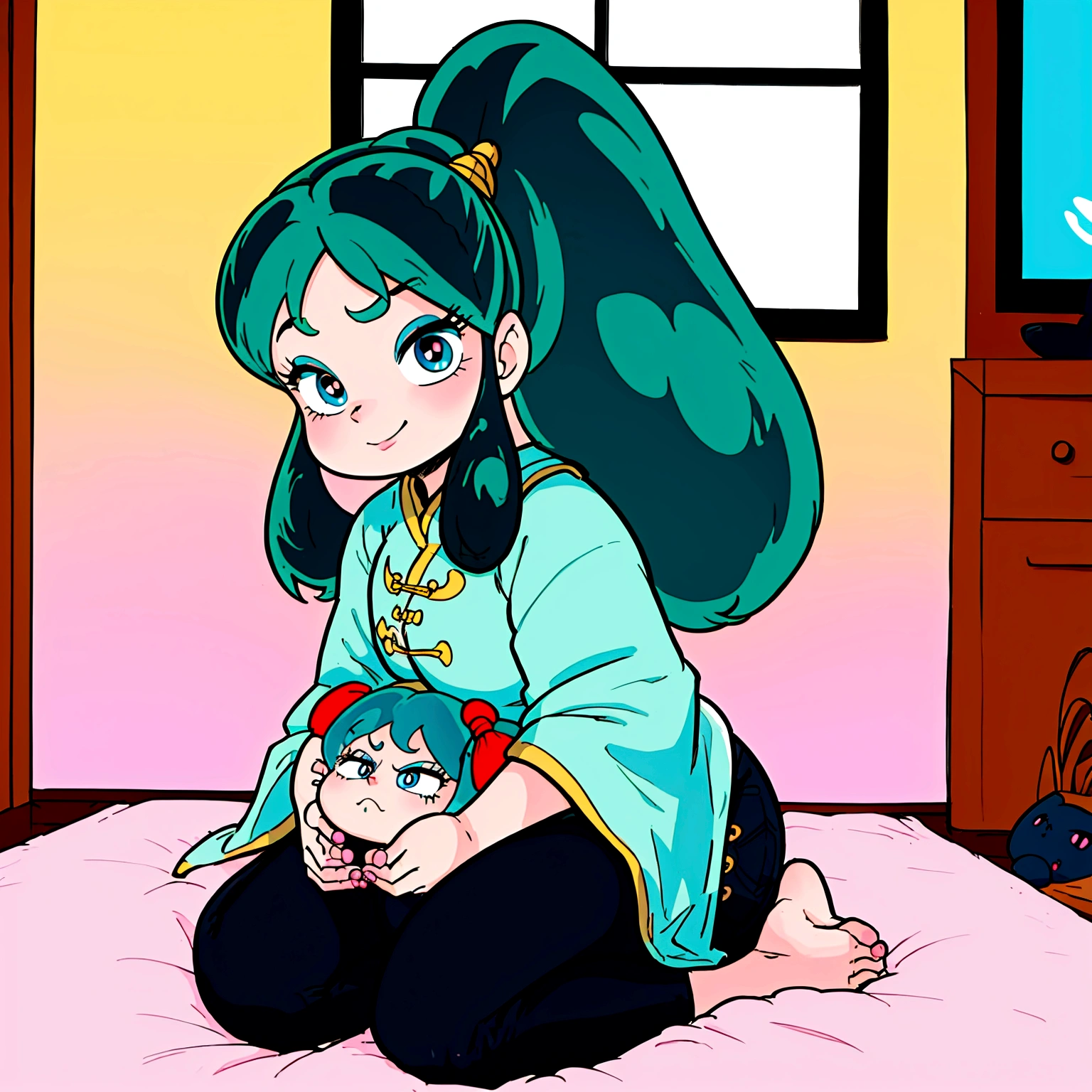 score_9, score_8_up, score_7_up, lum, 2girl, retro artstyle, 1980s style, blue eyes, eyeshadow, green hair, long hair, horns, bangs, aqua hair, dynamic angle, big breasts, big ass, (little, small tiny body, chibi, small), (8 ), (1 toddler:1), (baby face),ace), (big forhead:1.2), (beautiful big eyes:1.3), extremely detailed cute anime face, (best quality, masterpiece, absurbres, super-resolution), soft pastel aesthetic, gaming console, chilling at home, BREAK playing video game with (femaleranma, braided ponytail chinese clothes, tangzhuang, black pants), LCD screen, fun, laugh, smile, (eyelid pull), detailed faces, warm lighting, cozy interior, dynamic composition, vibrant colors, cinematic, depth of field, black cat, black cat on her lap, emotional expression, vintage comic style, grimace