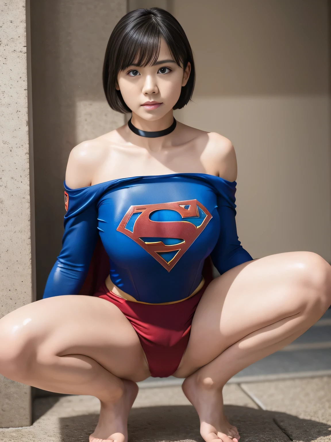 masterpiece、Supergirl Costume、short hair、barefoot、Big and ample breasts、Crisis situation、Complete surrender、Inside the prison、torture chamber、Abused、Humiliating torture、Squatting Pose、shiny sweaty skin、looking at the camera、choker、Long sleeve、Sexy poses to seduce、Off the shoulder、latex、from right in front、Crotch tearing、athlete、Racing Bloomers、Crimson Cloak、Beautiful feet、