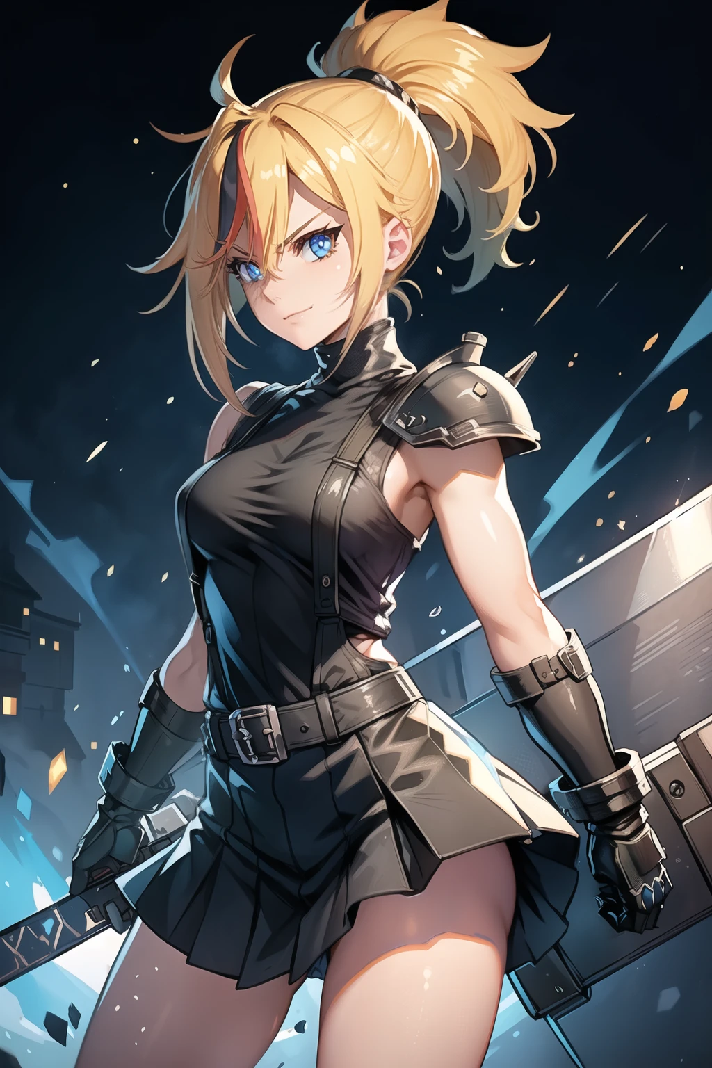 (masterpiece, best quality:1.2), Blue glowing eyes, perfect face, highres, 1 girl, solo, ultra long ponytail, (female:1.5), strife, blonde hair, shoulder armor, sleeveless turtleneck, suspenders, belt, gloves, bracer, evil smile, standing, portrait, looking at viewer, giant sword on the back