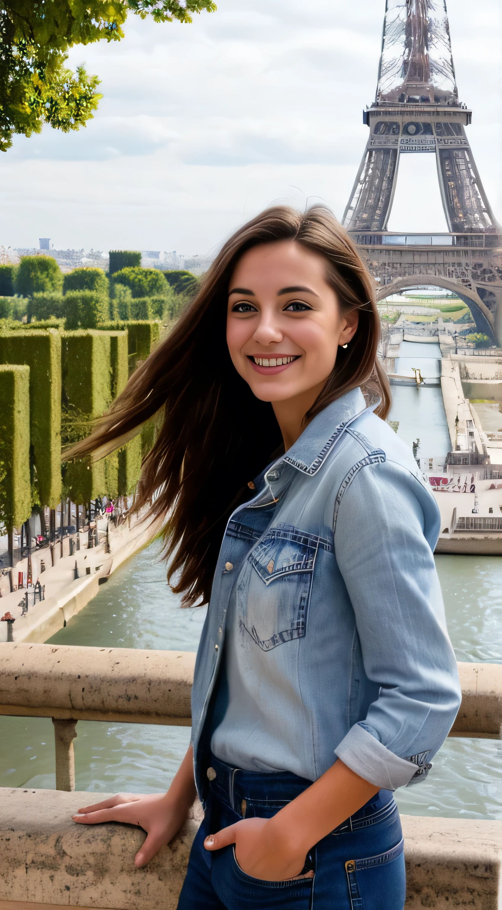 Jolie fille brune, yeux bleu perçants, photo très realiste, souriante, jeune fille, photo devant la tour eiffel, photo dans Paris, fille en jean, chemise, basket blanche