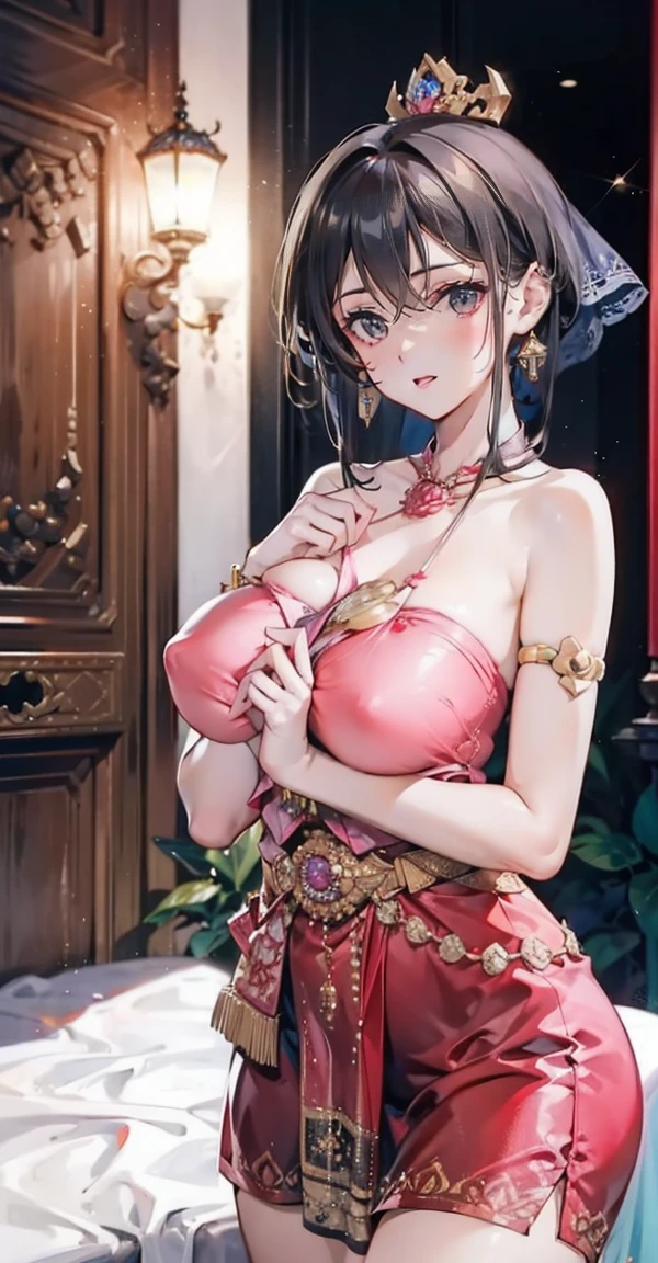 Group of 5 princesses,(5 young women,many young women), (in the bedroom), Various hair styles, harem, Wear a strapless Thai dress...,(very good,no panties) at night, detailed face,Complete breasts,fully, ((big breasts,Breast curtain,Partially )) short skirt, mule, Sleeveless , Show your armpits, at night, starry at night,(large :1.4,pink,The  are clearly visible.....),((Various positions),(Look at the viewer.:1.5),milf, Highest quality、Highest picture quality、Masterpiece