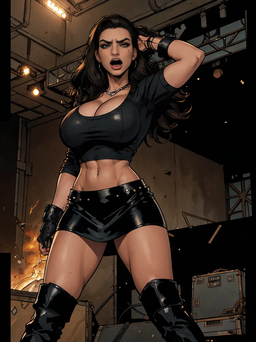Extremely busty thin and toned brunette death metal singer, college girl, fair skin, big hair, hair pulled back, soft face, athletic, heavy makeup, piercings, black leather, studs, tight black top, boots, fingerless gloves, tight skirt, chains. standing on a stage, pyrotechnics, holding a microphone, metal concert. (microphone, fist in the sky), angry, rage, screaming. Heavy metal. Death metal. Explosions, fire.