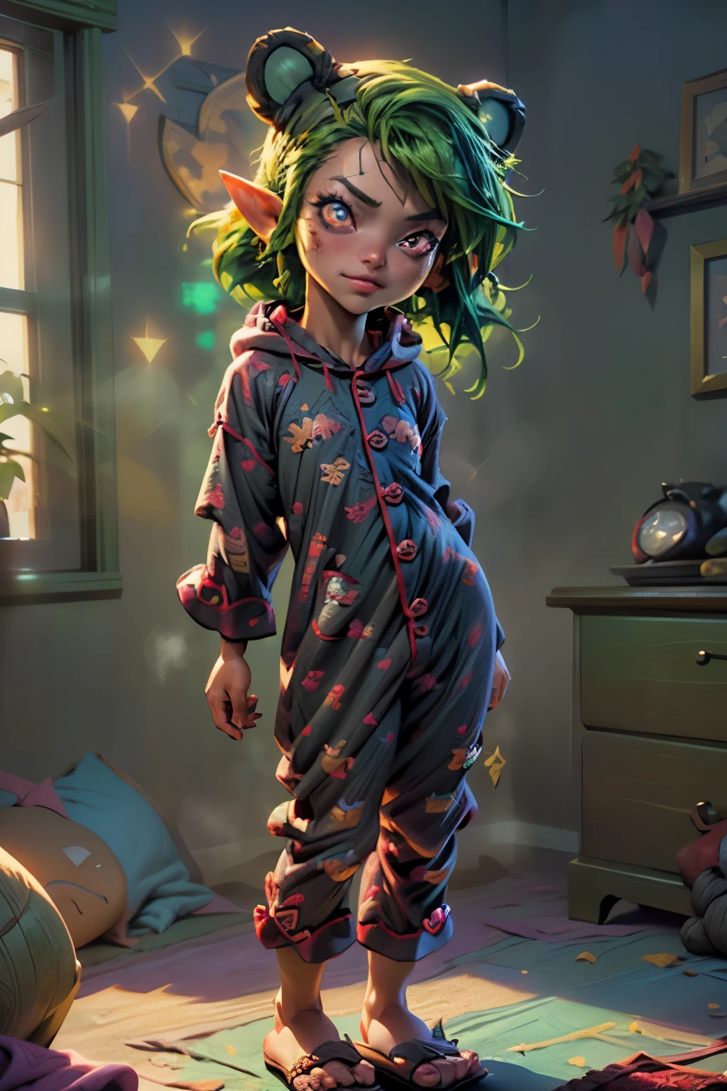 cute **** elf,(((little ,tiny little body,little))),(((11 years old))),((anime elf  with extremely cute and beautiful green hair)), (((elf))), (((elf ears))),

(((flat chest))),((((green hair:1.35,messy green hair,colored inner hair,ear breathing)))),(((red_eyes:1.3))),intricate eyes,beautiful detailed eyes,symmetrical eyes,big eyes:1.5,(((lustrous skin:1.5,bright skin: 1.5,skin tanned,shiny skin,very shiny skin,shiny body,plastic glitter skin,exaggerated shiny skin,illuminated skin))),(detailed body,(detailed face)),

cute,slutty,erotic,daring,((nsfw)),

(((kigurumi, onesies,bear pajama,Hooded Pajamas,Animal Pajamas))),((slippers)),(((intricate pajama,embroidered pajama,ornate pajama))),

(dynamic pose:1.0),(happy),(centered,scale to fit dimensions,Rule of thirds),

inside,indoor,((cozy gothic room)),scenery:1.25,((intricate scenery)),((winter decorations)),

(Glossy winter ornaments),highres,sharp focus,(ultra detailed,extremely detailed),(photorealistic artwork:1.37),(extremely detailed CG unity 8k wallpaper),(((vibrant colors,vibrant theme))),(intricate),(masterpiece),(best quality),artistic photography,(photography taken by sldr),(intricate background),perfect rendered face,perfect face details,realistic face,photo realistic,analog style,((intricate detail)),(((realism))),
