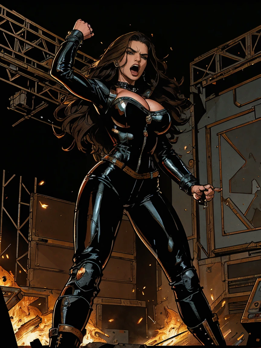 Extremely busty thin and toned brunette death metal singer, college girl, fair skin, big hair, hair pulled back, soft face, athletic, heavy makeup, piercings, black latex, studs, bodysuit, boots, fingerless gloves, chains. standing on a stage, pyrotechnics, holding a microphone, metal concert. (microphone, fist in the sky), angry, rage, screaming. Heavy metal. Death metal. Explosions, fire.