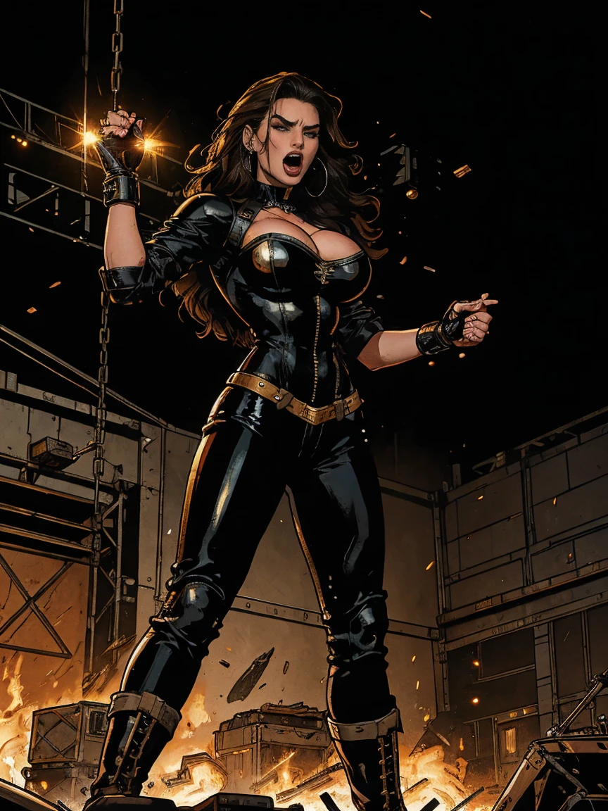 Extremely busty thin and toned brunette death metal singer, college girl, fair skin, big hair, hair pulled back, soft face, athletic, heavy makeup, piercings, black latex, studs, bodysuit, boots, fingerless gloves, chains. standing on a stage, pyrotechnics, holding a microphone, metal concert. (microphone, fist in the sky), angry, rage, screaming. Heavy metal. Death metal. Explosions, fire.