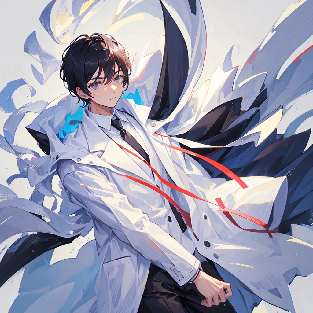 A man in a white coat,Black short hair,wisdom,((Pure white background))