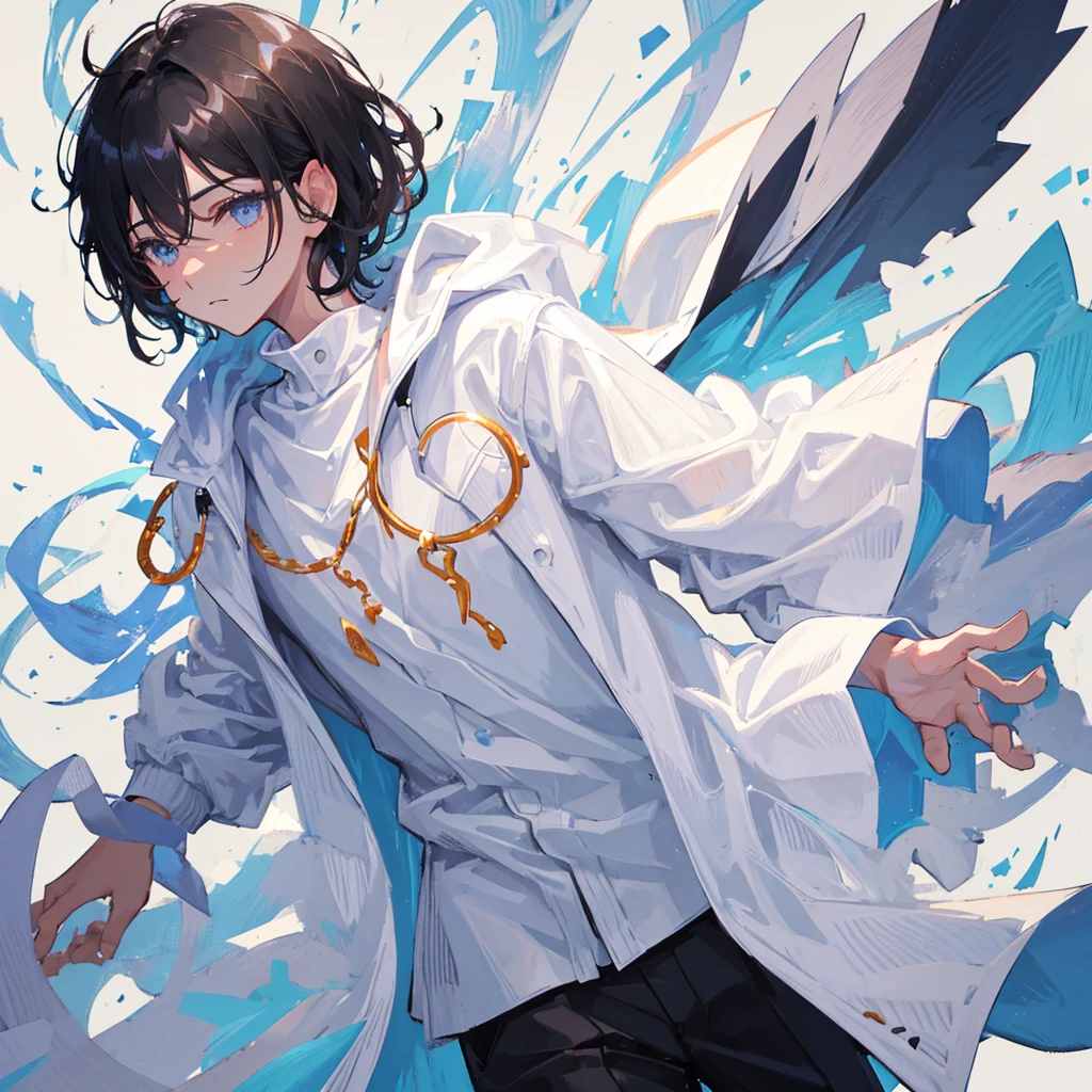 A man in a white coat，Black short hair，wisdom，((Pure white background))