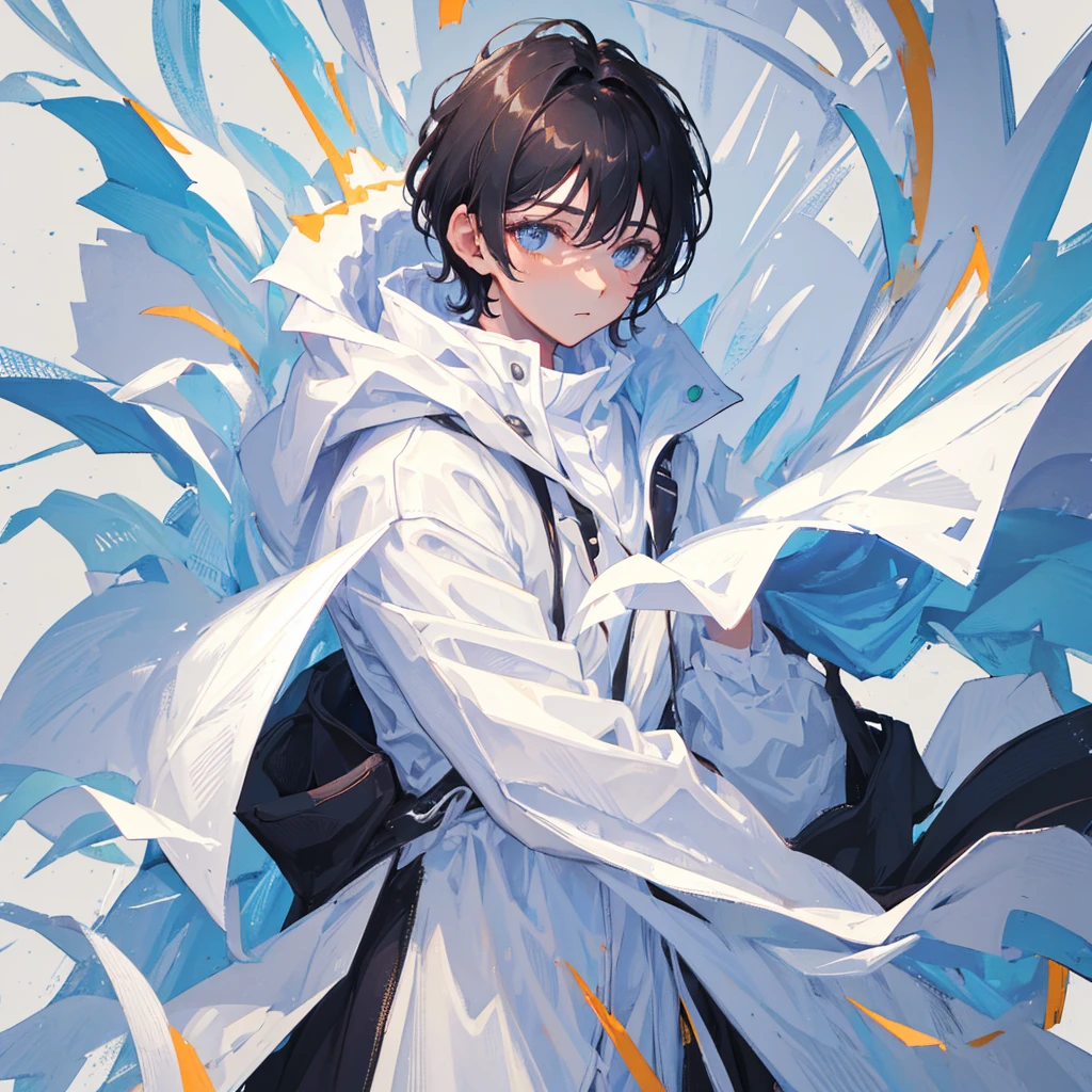 A man in a white coat，Black short hair，wisdom，((Pure white background))