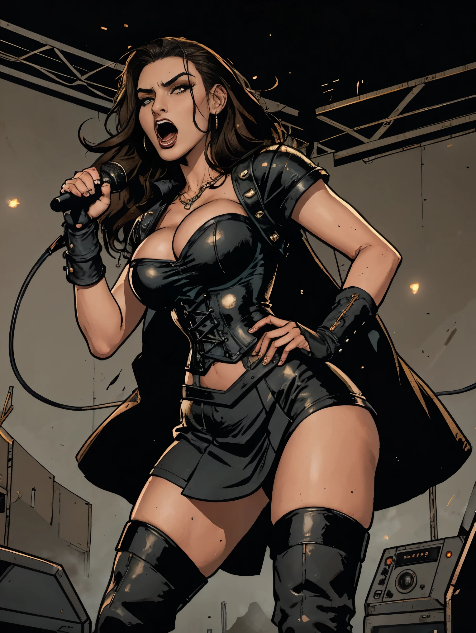Extremely busty thin and toned brunette death metal singer, college girl, fair skin, big hair, hair pulled back, soft face, athletic, heavy makeup, piercings, black leather, studs, corset, boots, fingerless gloves, tight skirt, chains. standing on a stage, pyrotechnics, holding a microphone, metal concert. (microphone, fist in the sky), angry, rage, screaming. Heavy metal. Death metal. Explosions, fire.