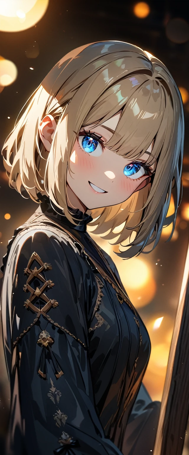 (((One girl))), Shibuya, blond hair, bob cut, ((upper body)), (looking at viewer), breasts, teenager, head tilt:1.3, (((blue eye))), constricted pupils, (from side:1.3), ((happy smile)), gothic lolita:1.3, anime style, (best quality, 4k, 8k, highres, masterpiece:1.2, ultra-detailed, ultra-detailed eyes, HDR, UHD, studio lighting, ultra-fine painting, sharp focus, physically-based rendering, extreme detail description, professional, vivid colors, bokeh)