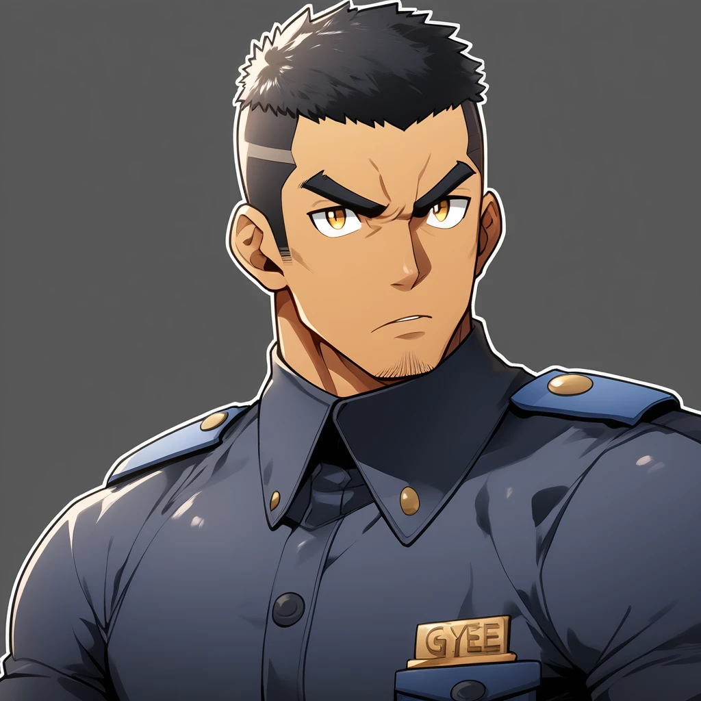 anime characters:Gyee, Muscular male police officer, negro black skin, Dark-skinned male police officer, Manliness, male focus, Tight-fitting police uniform, Black tight T-shirt with a high collar, Very tight, Round, full and perky chest muscles, Slightly transparent, muscular male, muscular, only, Upper body, alone, Black short hair, Thick eyebrows, stubble, Yellow eyes, Grey background, simple background, amazing quality, best aesthetics, Ridiculous, bright pupils, crew cut, parted lips, v-shaped eyebrows, jitome, frown, best quality