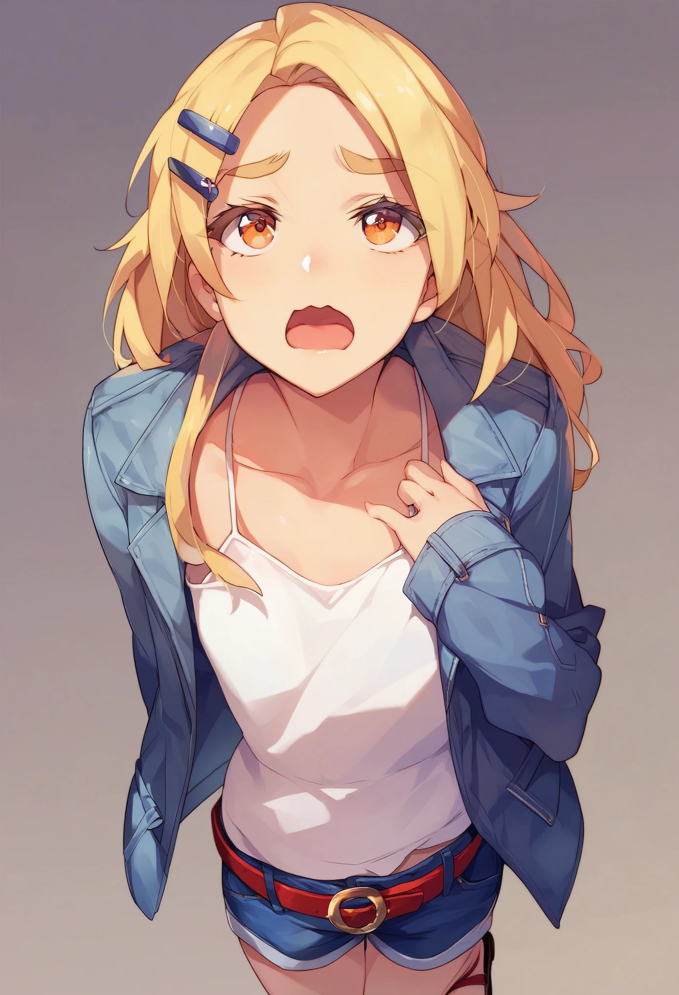 score_9,score_8_up,score_7_up,source_anime,1girl, solo, gakushinohiro, blonde hair, long hair, parted bangs, blonde eyelashes, flat chest, orange eyes, hairclip, pale, Skinny, twiggy, collarbone, wavy mouth, half opened mouth, troubled eyebrows, upper eyebrows +++ white camisole, denim shorts, belt, khaki jacket , lace-up sandals , +++ Placing hand on chest, , look up to, portrait, cinematic lighting, 