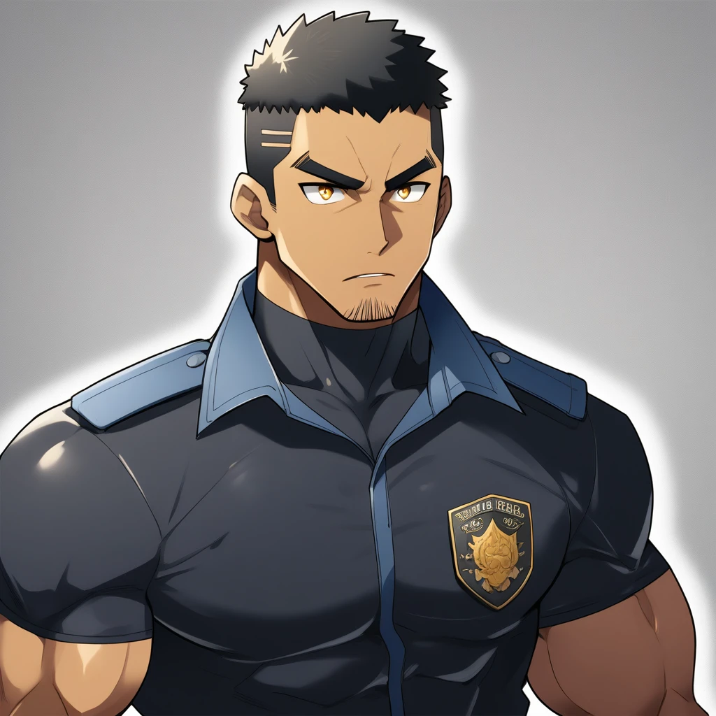 anime characters：Gyee, Muscular male police officer, negro black skin, Dark-skinned male police officer, Manliness, male focus, Tight-fitting police uniform, Black tight T-shirt with a high collar, Very tight, Round, full and perky chest muscles, Slightly transparent, muscular male, muscular, only, Upper body, alone, Black short hair, Thick eyebrows, stubble, Yellow eyes, Grey background, simple background, amazing quality, best aesthetics, Ridiculous, bright pupils, crew cut, parted lips, v-shaped eyebrows, jitome, frown, best quality