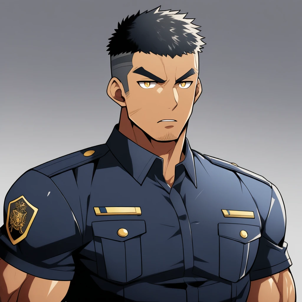 anime characters：Gyee, Muscular male police officer, negro black skin, Dark-skinned male police officer, Manliness, male focus, Tight-fitting police uniform, Black tight T-shirt with a high collar, Very tight, Round, full and perky chest muscles, Slightly transparent, muscular male, muscular, only, Upper body, alone, Black short hair, Thick eyebrows, stubble, Yellow eyes, Grey background, simple background, amazing quality, best aesthetics, Ridiculous, bright pupils, crew cut, parted lips, v-shaped eyebrows, jitome, frown, best quality