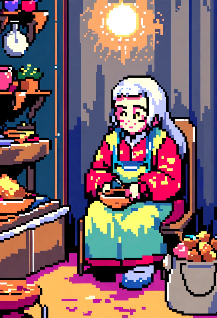 (Best Quality,high resolution), pixel art, vibrant colors, nostalgic atmosphere, Immersive gameplay, 16-bit graphics, pixel perfect controls, humble town, elderly woman, sitting, cooking