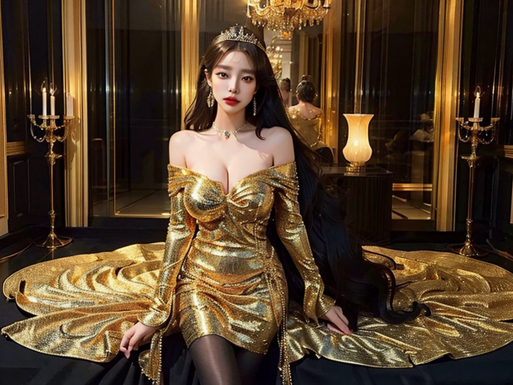 a beautiful woman wearing a gold off-shoulder dress, a queen headdress adorned with crystals or gems, high heels, hourglass body shape, black pantyhose, (best quality,4k,8k,highres,masterpiece),ultra-detailed,(realistic,photorealistic,photo-realistic),intricate details,ornate,highly detailed face,detailed eyes and lips,dramatic lighting,cinematic composition,rich colors,warm color palette, full_body, standing
