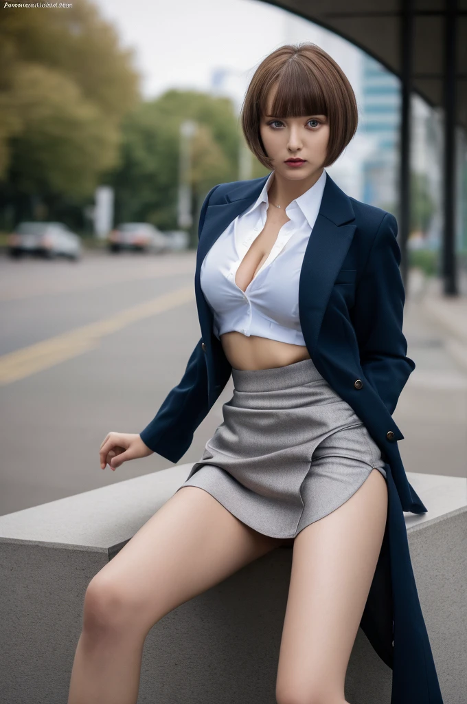 a 21 year old face of the most beautiful actress in the world, the perfect body proportions of a female, blazer is worn on formal shirt, exposed vagina in panties between opened legs under short skirt, female genitalia of lower body is seen through panties, short hair cut above the ears, sitting on a bench of the station, nsfw, best quality, highly detailed, masterpiece, ultra high res, photo realistic, 8k