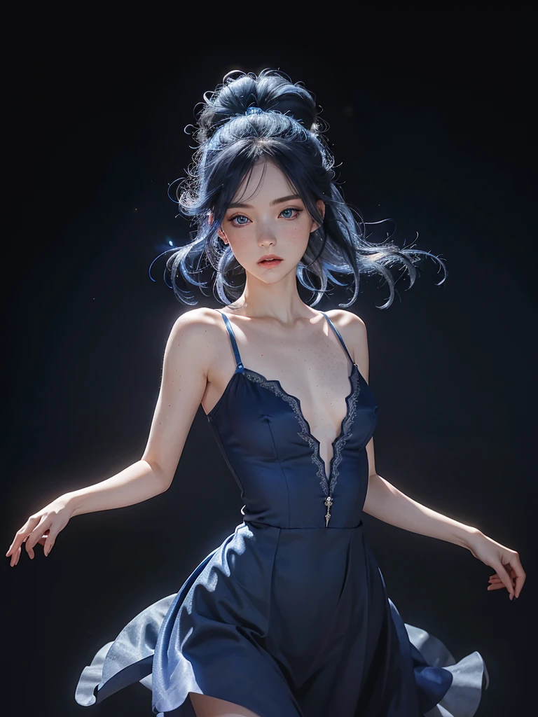 1woman, blue indigo hair, azur blue eyes, pale skin, freckles, black and royal blue ballerina dress, ballerina, arabesque pose, starry background,medium hair, medium chest