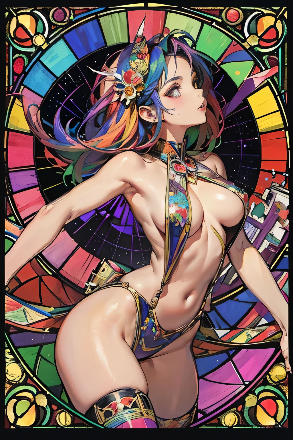 (masterpiece, Highest quality), 8K,(((Very detailed))), race:1.8,Super intricate race pattern,colorful race pattern,Stained Glass Background, kaleidoscope,light up, 1 female,Open Back,Top Bust:1.5,