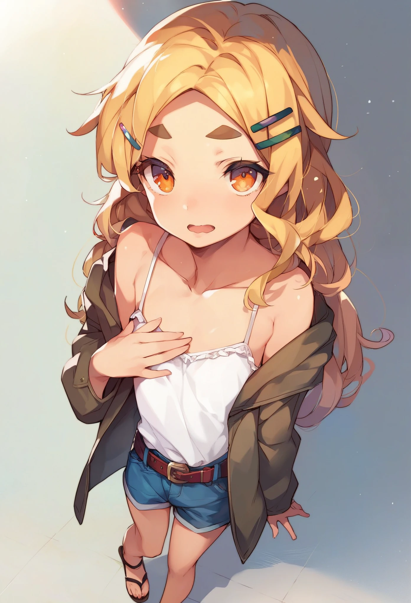 score_9,score_8_up,score_7_up,source_anime,1girl, solo, gakushinohiro, blonde hair, long hair, parted bangs, blonde eyelashes, flat chest, orange eyes, hairclip, pale, Skinny, twiggy, collarbone, wavy mouth, half opened mouth, troubled eyebrows, upper eyebrows +++ white camisole, denim shorts, belt, khaki jacket , lace-up sandals , +++ Placing hand on chest, , look up to, portrait, cinematic lighting,