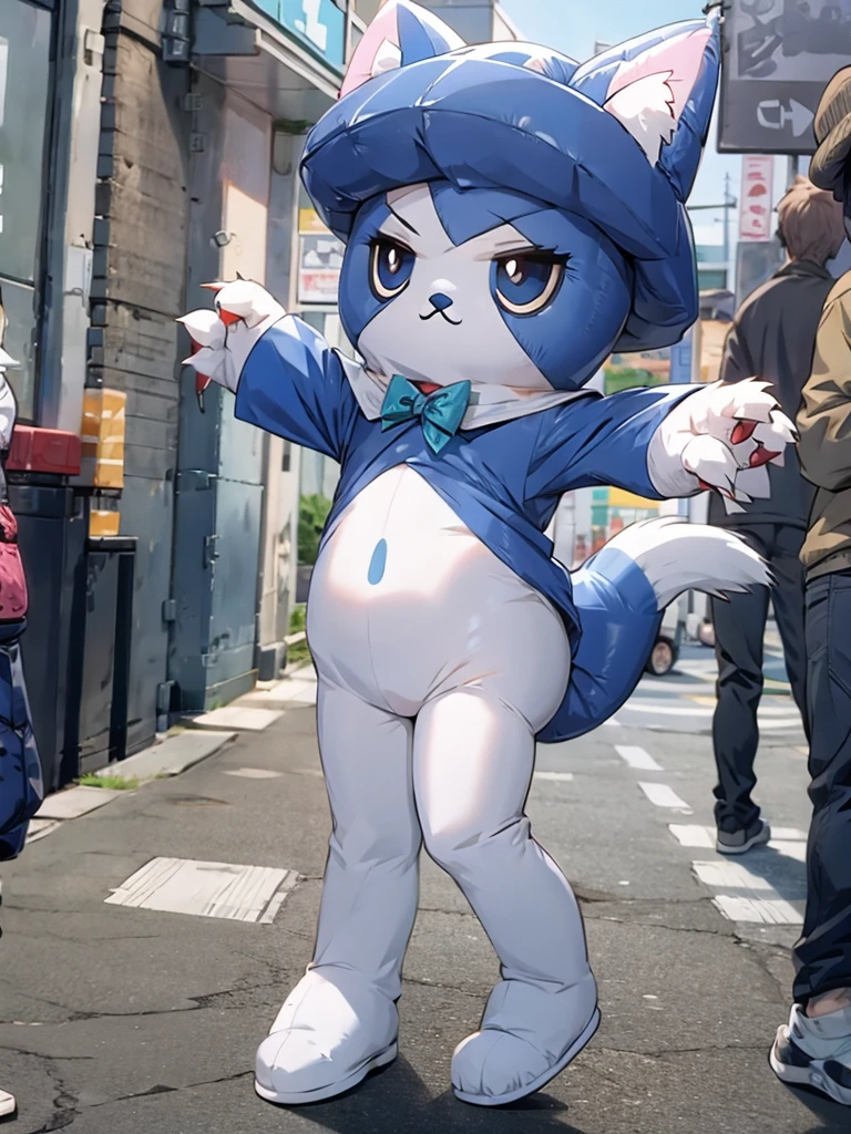 1boy, two-tone blue and white body, inflatable cat boy, cat tail, brown hat, claws, closed mouth, nyanzaemon, nsfw, creampie, claw pose