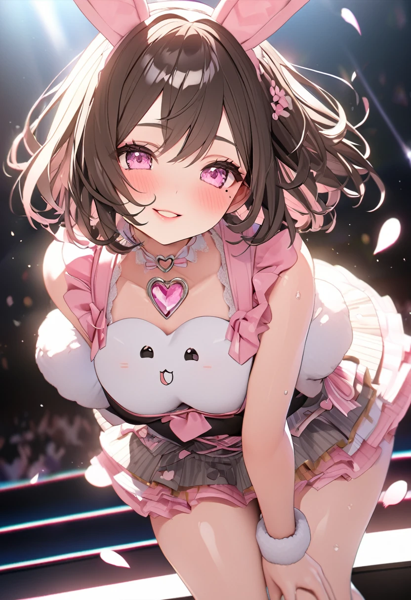 One Girl、Gazing at the audience、
Beautiful pink eyes、Brown short hair、Mole under the eye、Plump and glossy lips、Heart-shaped choker、Idol、Her name is Rico、smile、ー、。。。。。。。。。。。。。。。。。。。。。。。。。。。。。。。。3d、Genuine、
Pink fluffy top、black fluffy mini skirt、Rabbit themed costume、、gem、Lace trim、On a glittering stage、
masterpiece、Highest quality、8K、Detailed skin texture、Detailed cloth texture、Beautifully detailed face、Intricate details、Very detailed、
Ultra-high resolution、8K Ultra HD、Film Grain、Best Shadow、delicate、View from the front