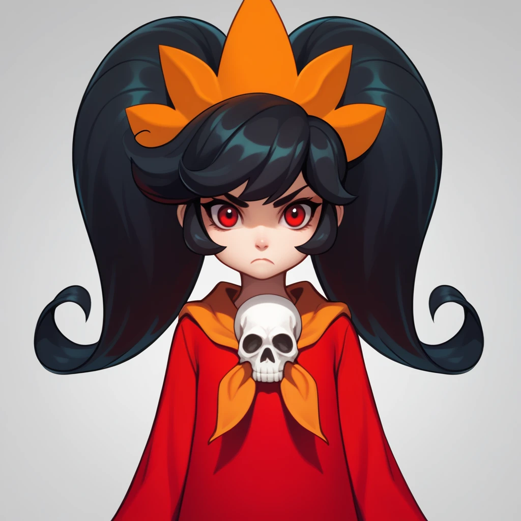 score_9, score_8_up, score_7_up, score_6_up, score_5_up, score_4_up, 1girl,ashleywario, 1girl, twintails, red eyes, long hair, black hair, dress, orange hairband, red dress, big hair, skull, hairband, orange neckerchief, looking at viewer, upper body, annoyed, close-up of face,
