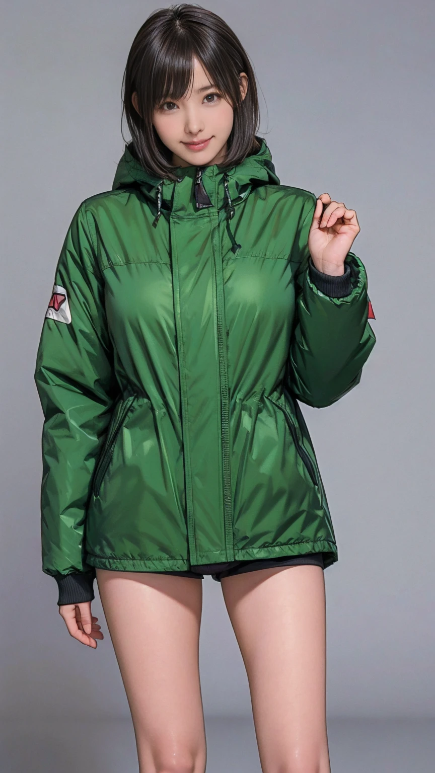 ((masterpiece)),(((Highest quality))),((Character design sheet)), Thin thighs,Long legs,18 year old Japanese girl, Cute type,The best smile:1.5,Random color long parka:1.5, A glimpse of black panties:1.5,Very short hair , (Highly detailed skin), The background is gray,
