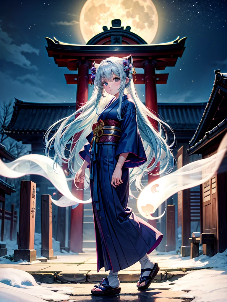 Highest quality,Highest Resolution,Cemetery at night,Ghost Girl,Japan,Ghost,Shrine maiden costume,full moon,