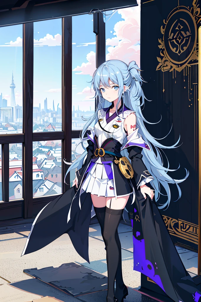 1girl,  solo, outdoors, long hair, holy place, Original,(Illustration:1.1),(Best Quality),(masutepiece:1.1),(the Extremely Detailed CG Unity 8K Wallpapers:1.1), (Colorful:0.9),(mid-shot:0.95),(extremely detailed beautiful face),(Solo:1.2), (girl),(((Lori))), (Detailed beautiful eyes:1.15), (Beautiful face:1.15), (Glowing blue eyes:1.25////),(((sky blue Long Hair))),(two side up),(+perfect hand+:1.21),(Draw illustration of Japan priestess costume),(slender),(White pleated skirt),(Gothic),((black thighhighs)),(frilld),(Beautiful Slender Lolita Girl),hallowween,standing, girl,10 years old,  girl,foggy place,vampire,sky blue hair,((full body,whole body)),((black thighhighs)),((black thighhighs)),((full body,whole body)),((full body,whole body)),((full body,whole body)),