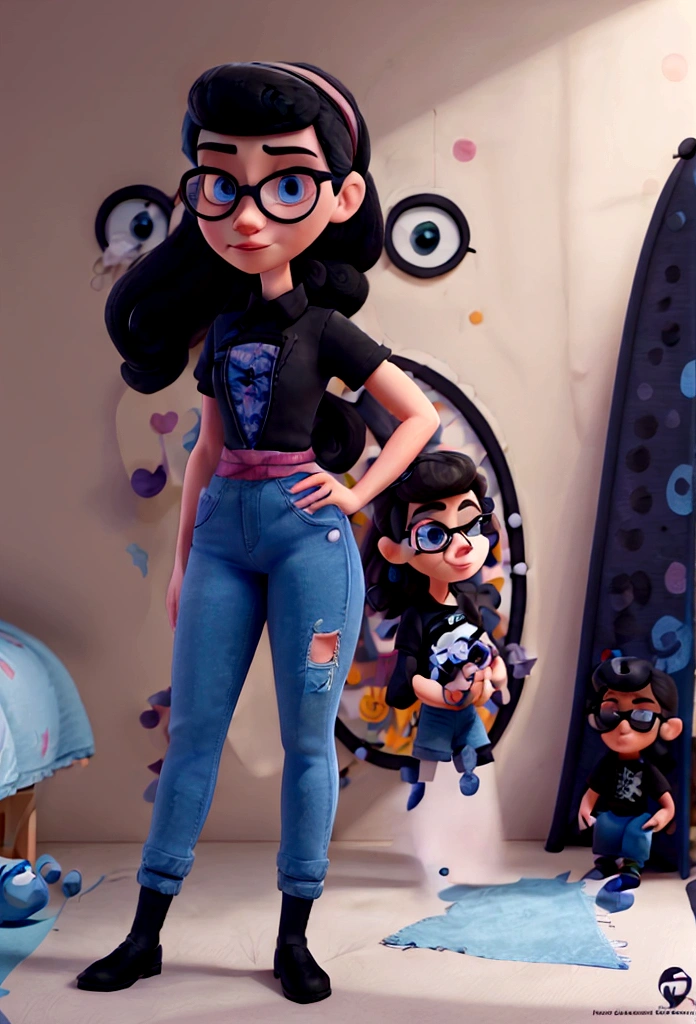 cartoon character, White girl, slim, with a cold look and neutral expression, long straight black hair, eyes black, retracted lips, big square glasses, black t-shirt with a skull design and ripped blue jeans, black boot. in a teenager&#39;s room , with a guitar hanging on the bedroom wall, picture on the wall of a skull drawing. photo by full body, drawing in 3D Art style, C4D, Disney  style, pixar style render illustration Super Detail (eyes black) (dark shaped eyes) (blackquality hair)