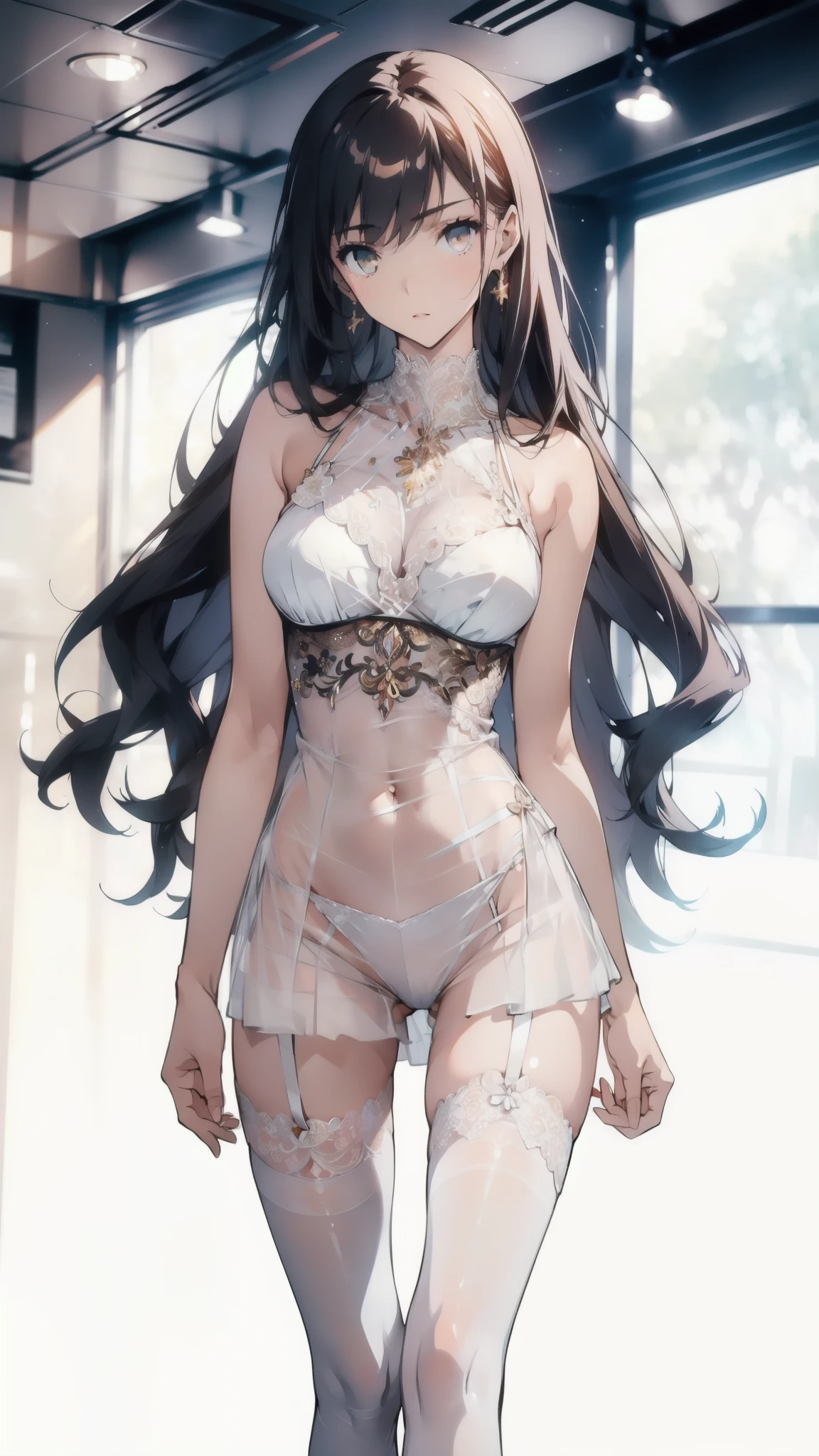 ((masterpiece, best quality)), Delicate face,student,whole body,Standing picture,Long legs,natural breast,Perfect body proportions,Pretty golden eyes,Extremely beautiful,transparent, Pure white background,Erotic_lingerie,Lace,Garter stockings