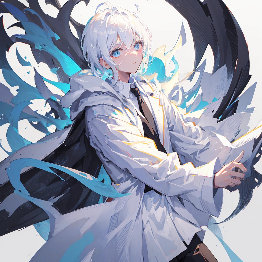 A man in a white coat，Black short hair，wisdom，((Pure white background))