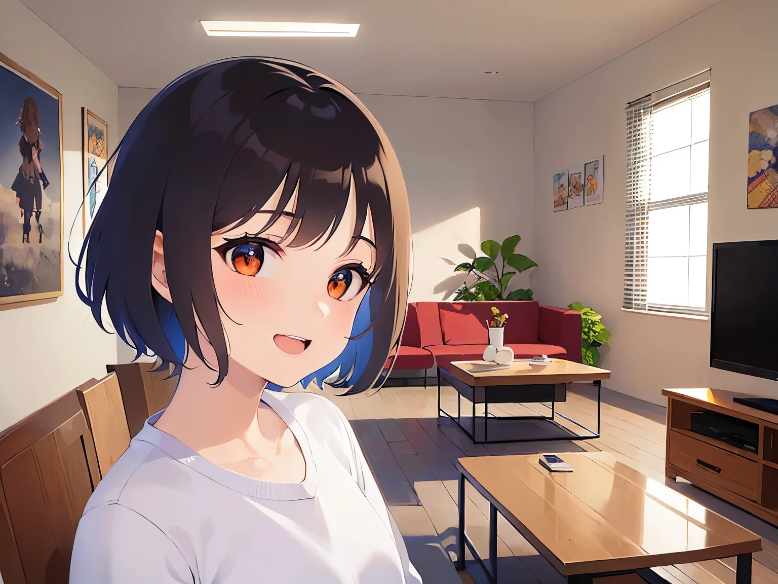 (curtsey:1.3), 、bob cut, masterpiece、Highest quality、 (Brown hair with bangs) and (Orange eyes) and (:1.5), Primary school students、(white:1.5) and (dress) and (long sleeve)、(smile:1.5), open mouth, Are standing、The background is the living room、The upper body is shown、Alone、