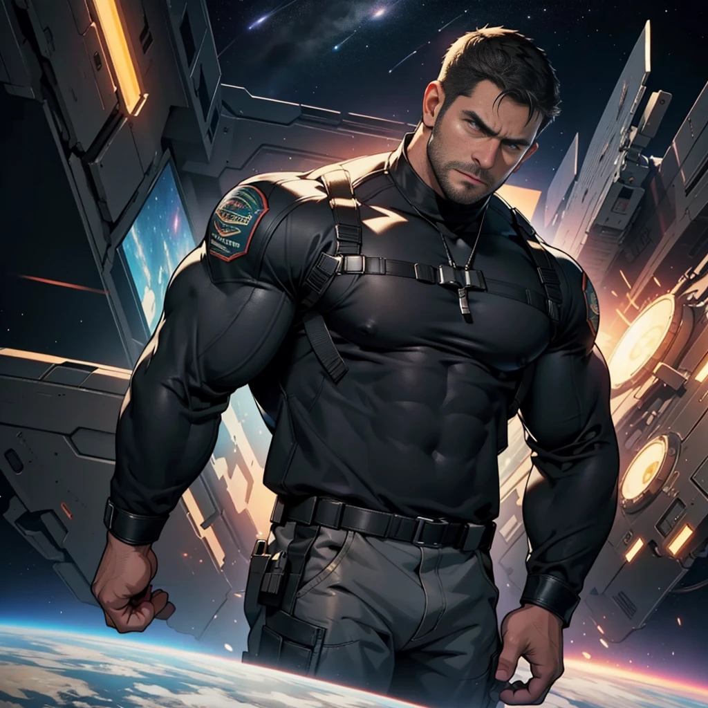 32k,An award-winning original photo , Chris REDFIELD , A muscular man, (30 years old man:1.3), a black TOP  , black hair, (big shoulder), muscular, hunk,handsome,  stubbles, Short beard,  . LOOKING AT THE CAMERA  (Detailed face:1.3), (Detailed beautiful eyes:1.2), really angry, Dynamic Angle, volumetric lighting, (Best quality, A high resolution, Photorealistic), Cinematic lighting, Masterpiece, RAW photo, Intricate details, hdr, depth of field, full body shot, in space background 