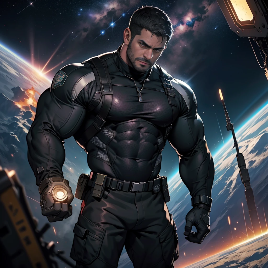 32k,An award-winning original photo , Chris REDFIELD , A muscular man, (30 years old man:1.3), a black TOP  , black hair, (big shoulder), muscular, hunk,handsome,  stubbles, Short beard,  . LOOKING AT THE CAMERA  (Detailed face:1.3), (Detailed beautiful eyes:1.2), really angry, Dynamic Angle, volumetric lighting, (Best quality, A high resolution, Photorealistic), Cinematic lighting, Masterpiece, RAW photo, Intricate details, hdr, depth of field, full body shot, in space background 