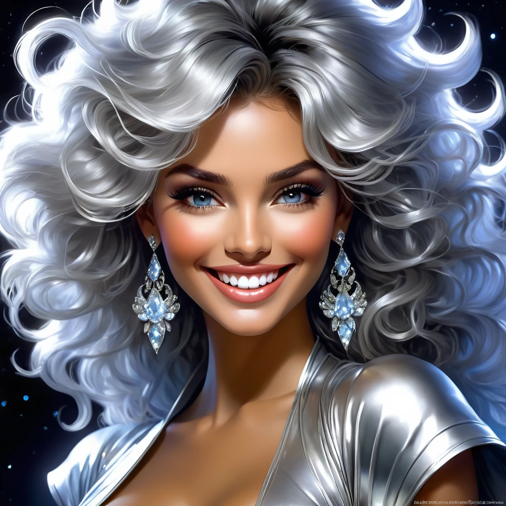 Beautiful smiling goddess in a silver outfit, Hyperrealistic-surreal and fantasy composition, Perfect and dynamic digital painting, portrait of an incredibly beautiful woman, wild hair, black light atmosphere, Jose Royo style, Boris Vallejo, Carne Griffithsa, Vadim Kashin, Harrison Fisher, Brian Froud and Jeremy Mann, Epic Setting, black light show, Stedman&#39;s various styles, Hanukkah, Klimt, Bella, Hobby, Newton, Grega Rutkowski, atmospheric, Artstation trend, artgerm, deviant art, octans, masterpiece, Intricate art, details Intricate, movie poster in matte painting style, Golden ratio, Trend of CGsociety, incredibly detailed and incredibly beautiful, high quality