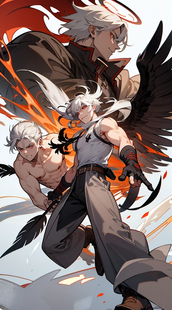 character sheet, character design, various angles, various faces, full body, handsome man, white hair, very short hair, ((teeth cut: 1)), red eyes, light skin, ((muscle: 1)), man, 28 years old, muscular, in good shape, muscular, barbarian race, lots of muscles, warrior, giant man. no shirt, gold details, brown leather shawl, baggy gray pants, black and brown belts, black boots, brown gloves, lots of belts, red halo, halo behind the head, feathers flying, horns on the head, feathers falling, angel transformation , Demonic transformation, human will not transform, three transformations, black feathers, white feathers, light elemental power, shadow elemental power, a chaos seraph, several skeleton hands, death power, life power.