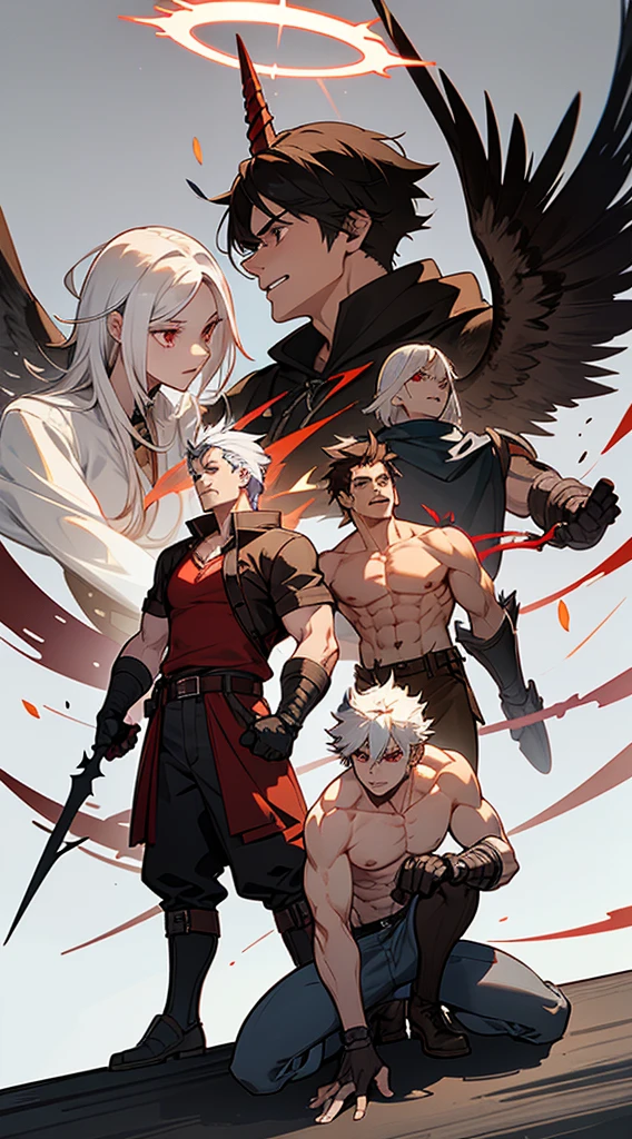 character sheet, character design, various angles, various faces, full body, handsome man, white hair, very short hair, ((teeth cut: 1)), red eyes, light skin, ((muscle: 1)), man, 28 years old, muscular, in good shape, muscular, barbarian race, lots of muscles, warrior, giant man. no shirt, gold details, brown leather shawl, baggy gray pants, black and brown belts, black boots, brown gloves, lots of belts, red halo, halo behind the head, feathers flying, horns on the head, feathers falling, angel transformation , Demonic transformation, human will not transform, three transformations, black feathers, white feathers, light elemental power, shadow elemental power, a chaos seraph, several skeleton hands, death power, life power.