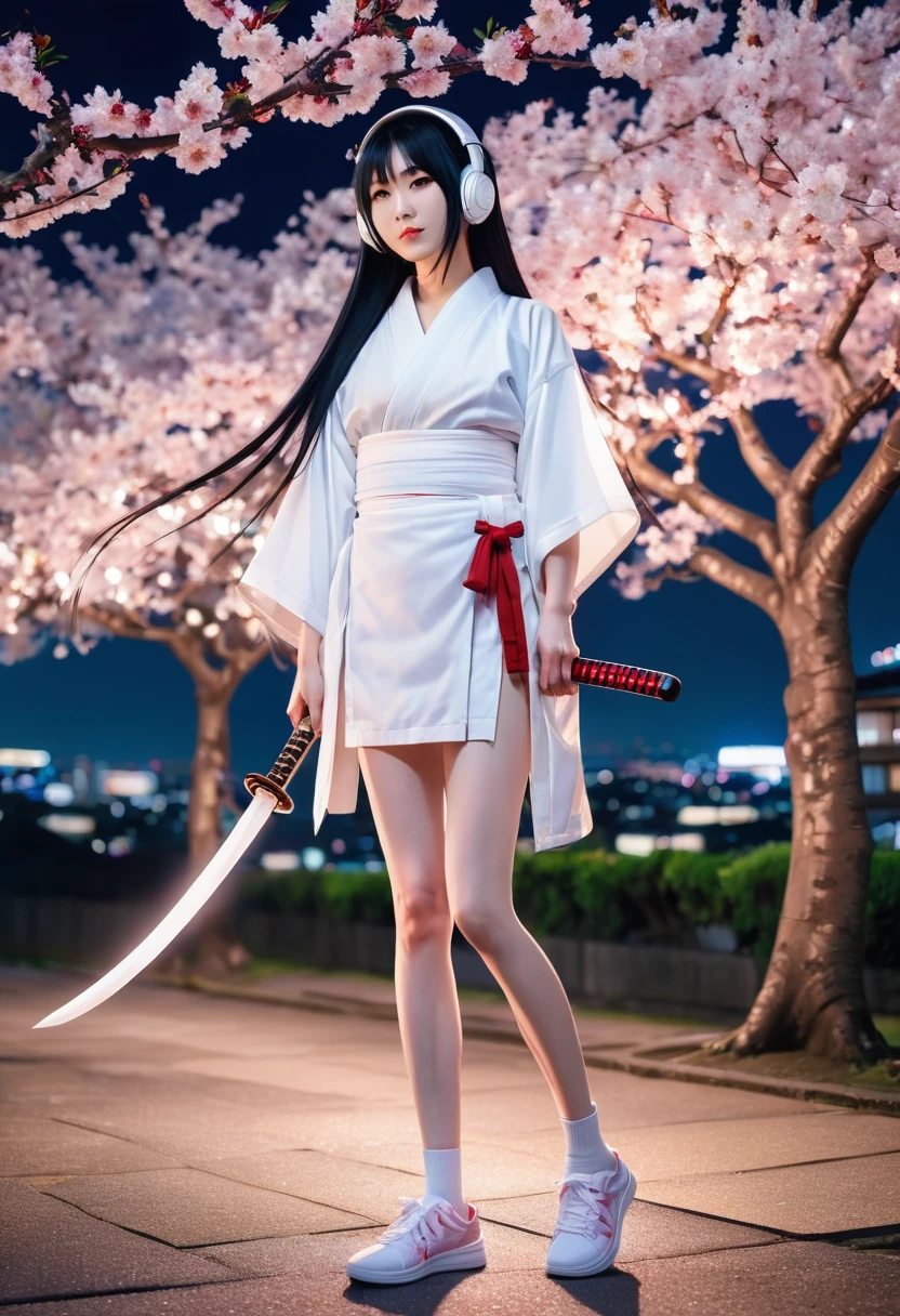 Long black hair Twin tails Red Mesh Holding a long wooden sword listening to music with white headphones Her short kimono shows off her long, slender legs.。Wearing white sneakers。Standing in front of a cherry blossom tree at night