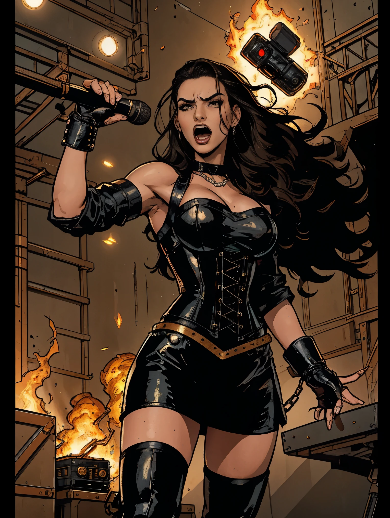 Extremely busty thin and toned brunette death metal singer, college girl, fair skin, big hair, hair pulled back, soft face, athletic, heavy makeup, piercings, black leather, studs, corset, boots, fingerless gloves, tight skirt, chains. standing on a stage, pyrotechnics, holding a microphone, metal concert. (microphone, fist in the sky), angry, rage, screaming. Heavy metal. Death metal. Explosions, fire.
