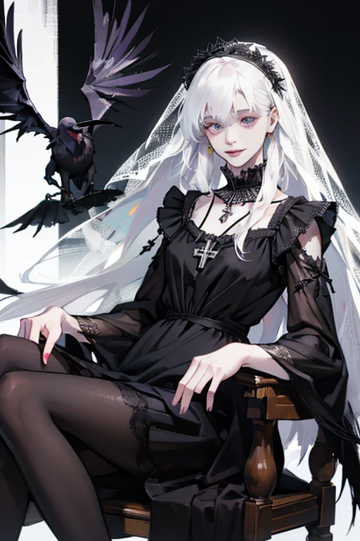 ((Playing with a raven:1.4)), Russian Orthodox Church. (black lace sundress, pantyhose :1.3), (head veil), cross necklace, Sunday best.Cute 18 yo (albino:1.4)woman of Slavic descent.(short:1.1), long white hair, gray eyes, ((very pale:1.4)). Innocent look. Gentle spirit.(virgin),((smile)).Masterpiece, best quality(highly detailed:1.2),(detailed face and eyes:1.2), depth of field, 8k wallpaper, studio lighting, core shadows, high contrast, bokeh.