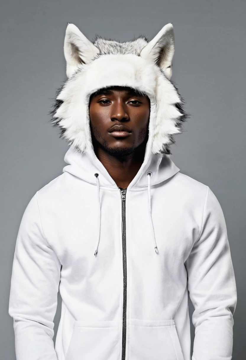 black man in a white wolf outfit on top of his head to a wolf head