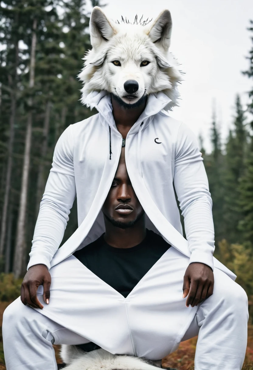 black man in a white wolf outfit on top of his head to a wolf head